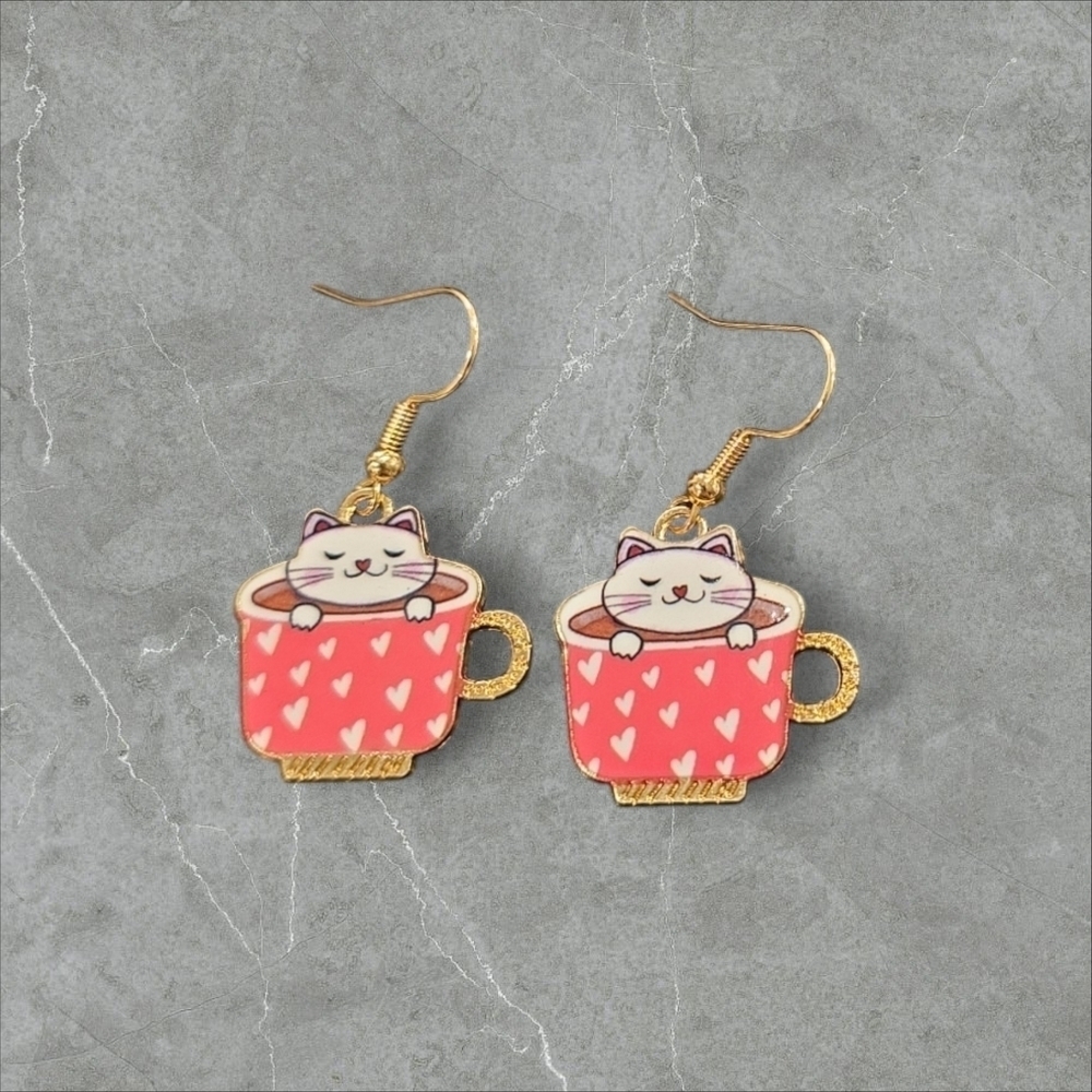 Cute Cat in Cup Earrings